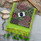Perrot Green Handloom Khadi Cotton Saree With Multiple Print Blouse